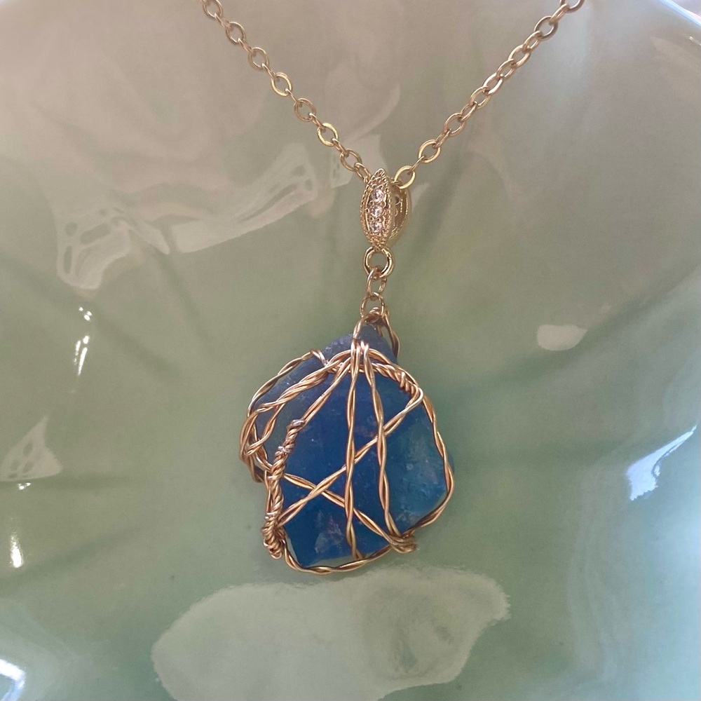 Raw Blue Fluorite Gold Wire Wrapped pendant P9